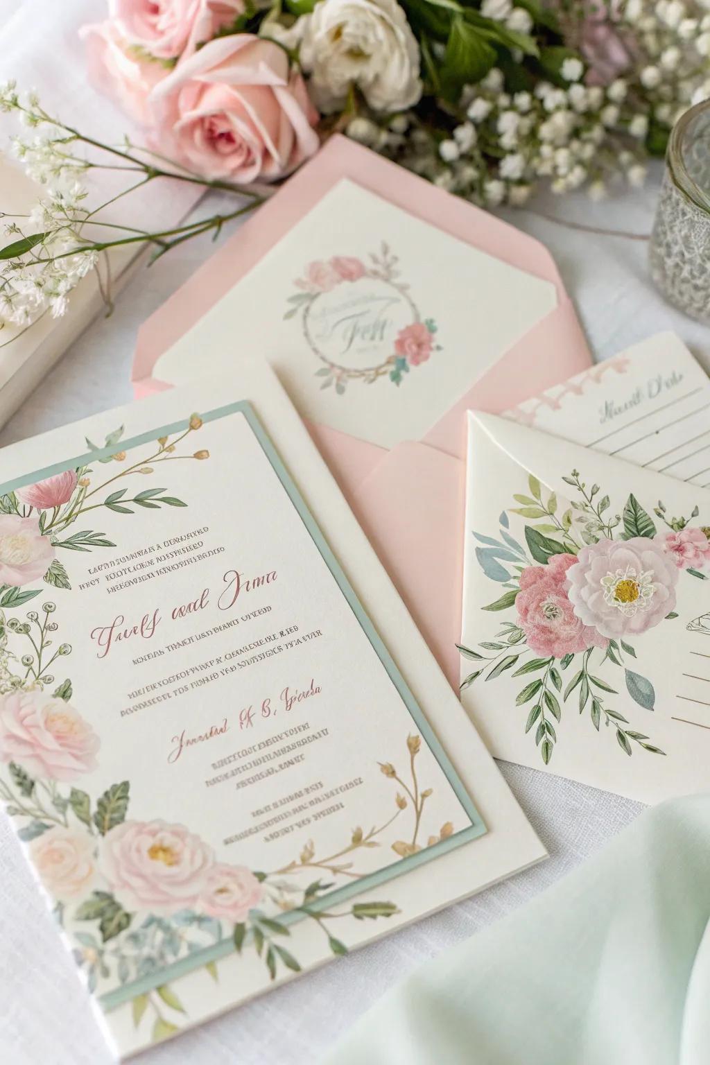 Wedding correspondence featuring floral graphics and chromatic shades.
