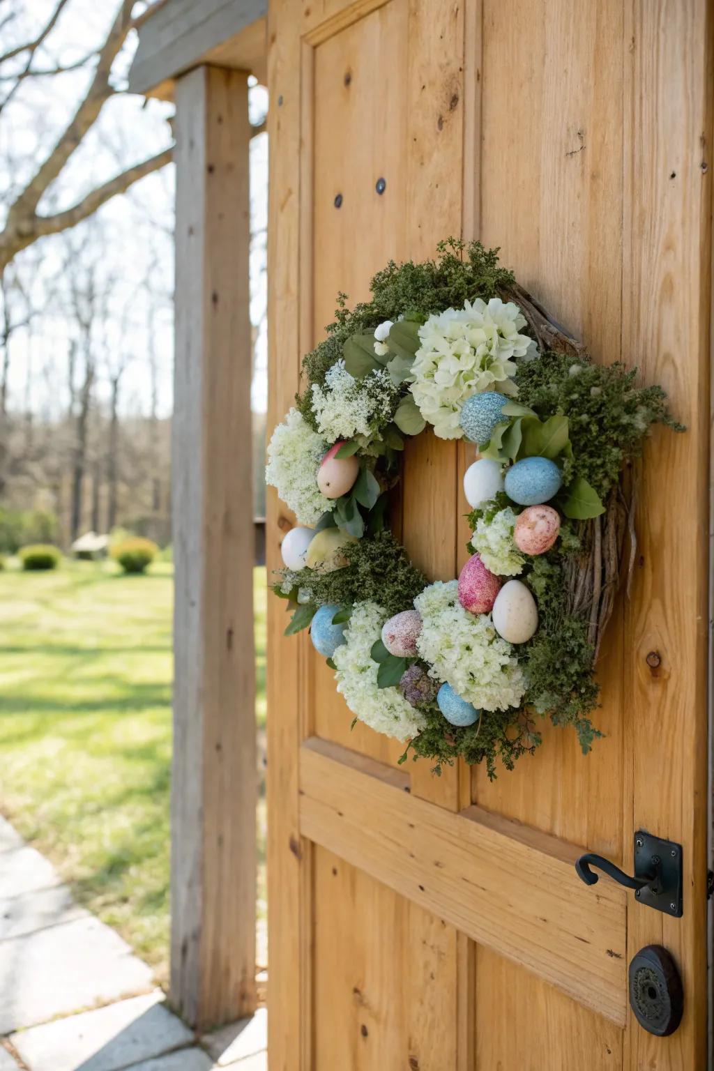 A captivating Easter wreath featuring hydrangeas and concealed spheres, contributing surprise to your décor.