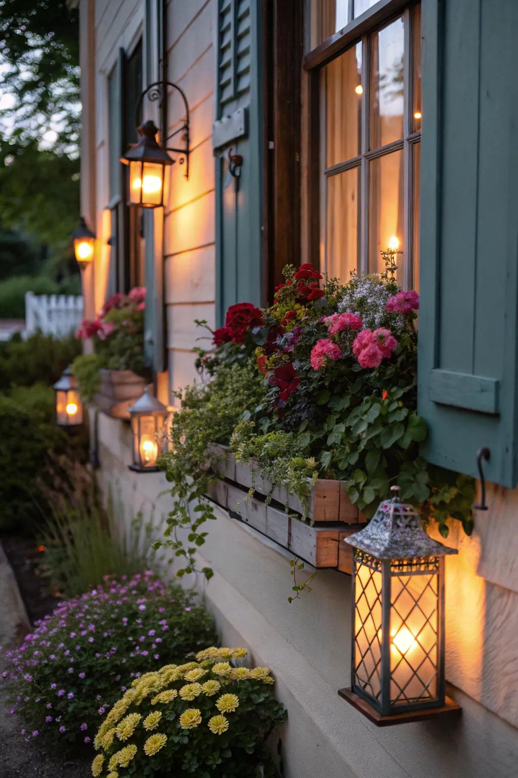 Illuminated orbs impart an inviting radiance to fall window boxes.