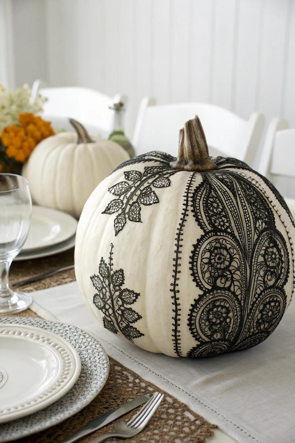 Delicate patterns inject an elegant nuance into Halloween pumpkin ornamentation.