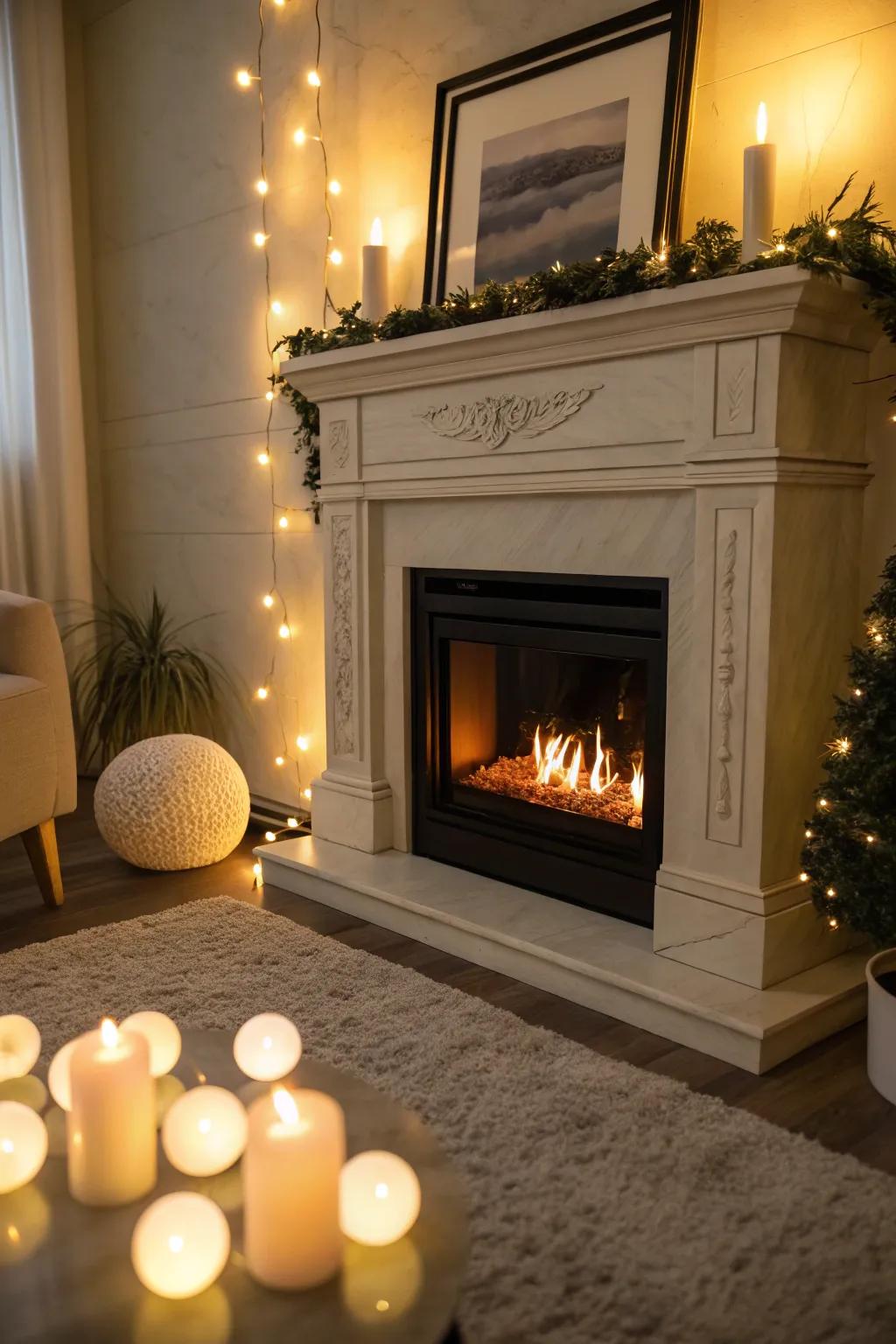 An electric fireplace features elegant LED lighting, creating a warm ambiance.