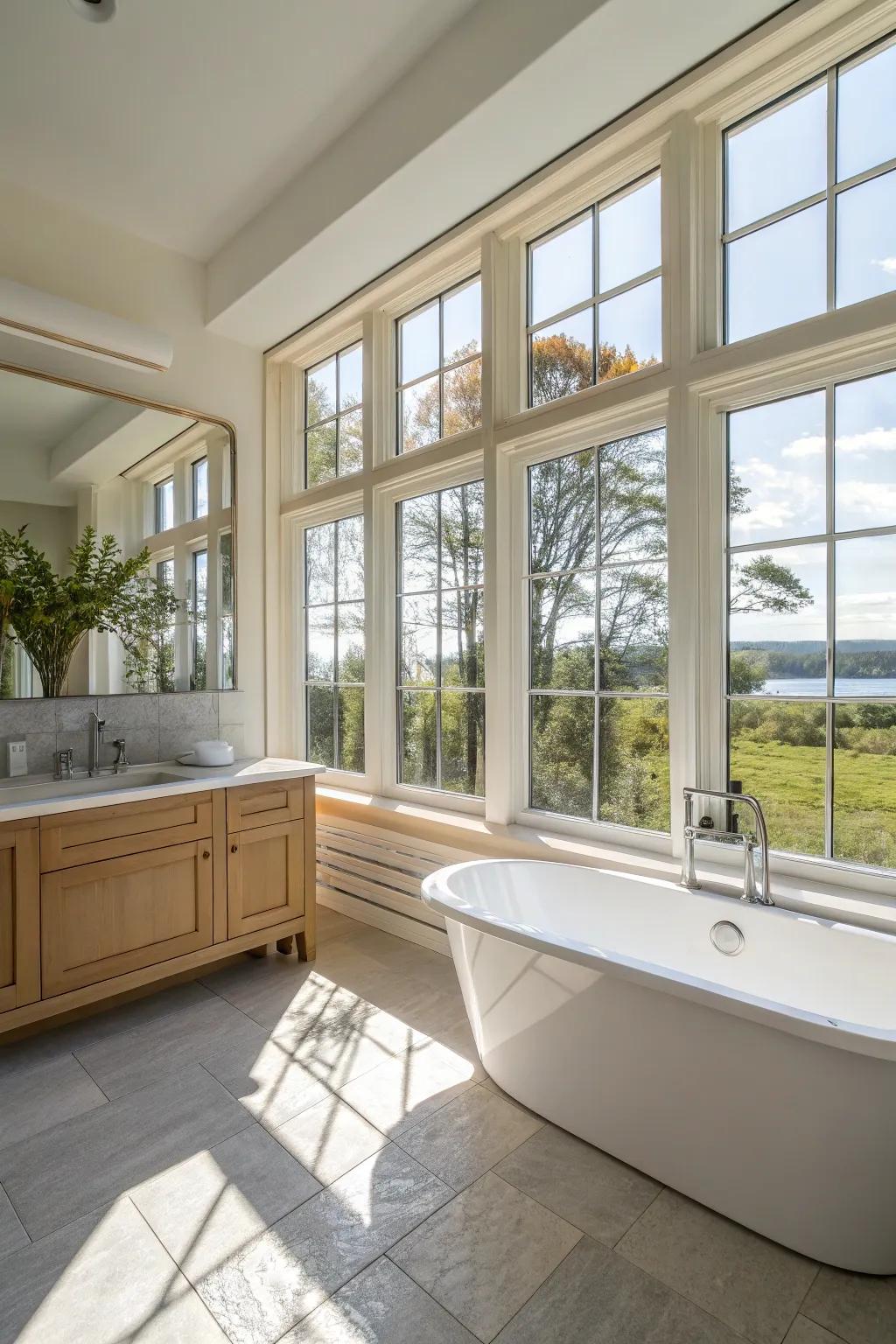 Sunlight bathes this elegant bathroom, highlighting its features.