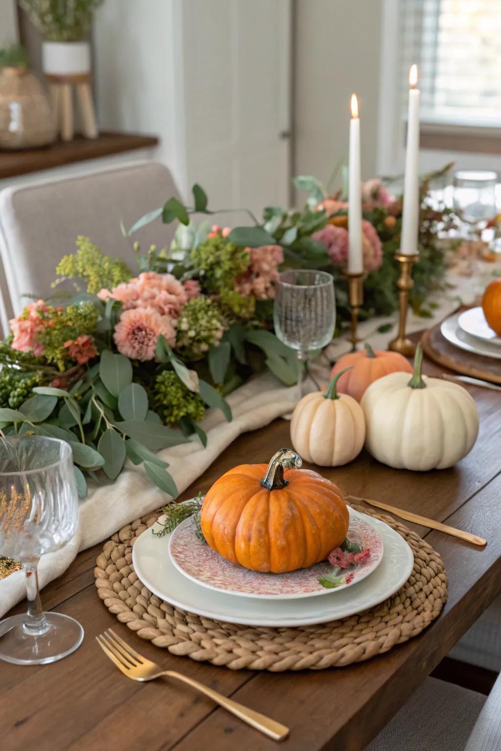 Seasonal decor maintains the table setting's freshness and timeliness.