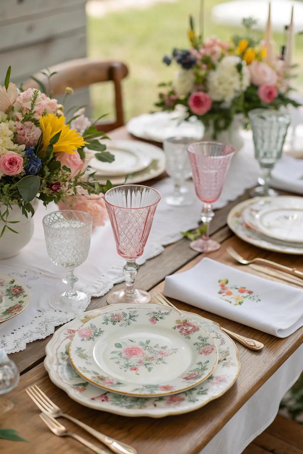 Assorted vintage crockery establishes an endearing and eclectic sensation.