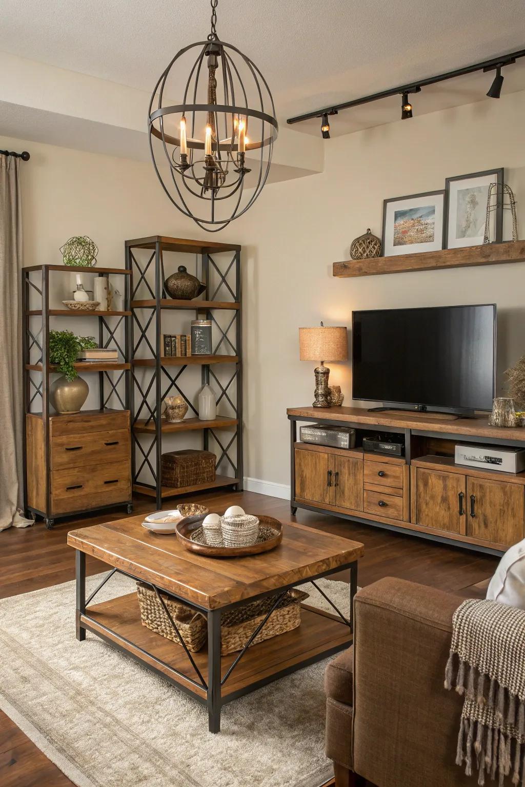 A harmonious blend of materials enhancing the room's aesthetic.