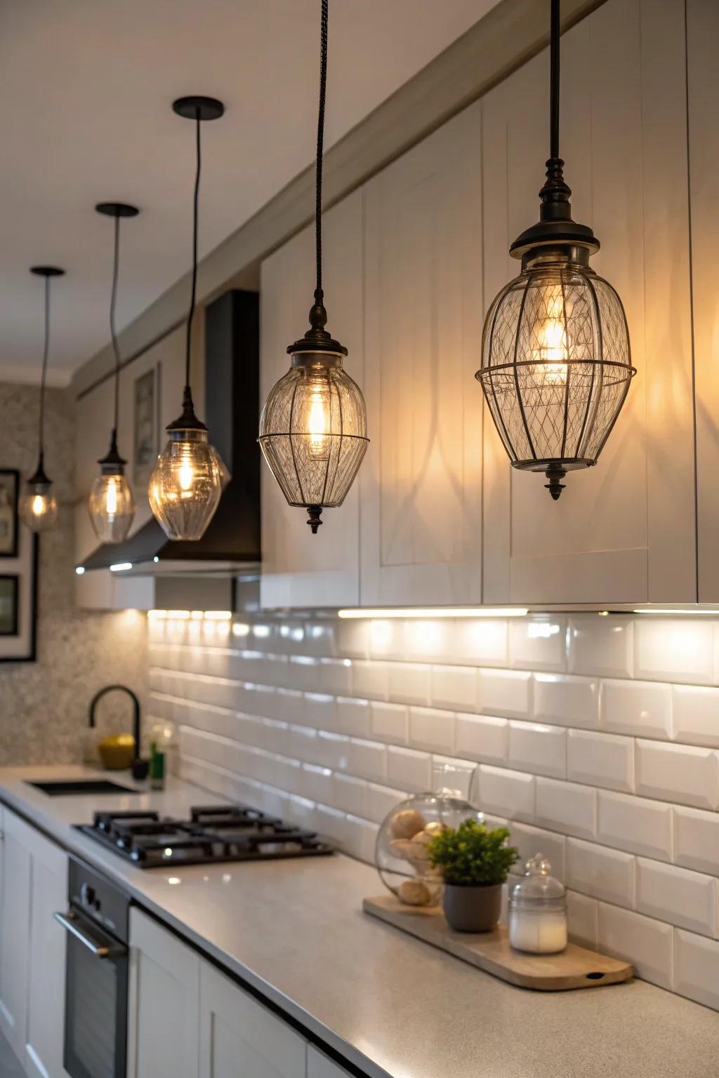 Lighting elements introduce elegance and focus to kitchen walls.