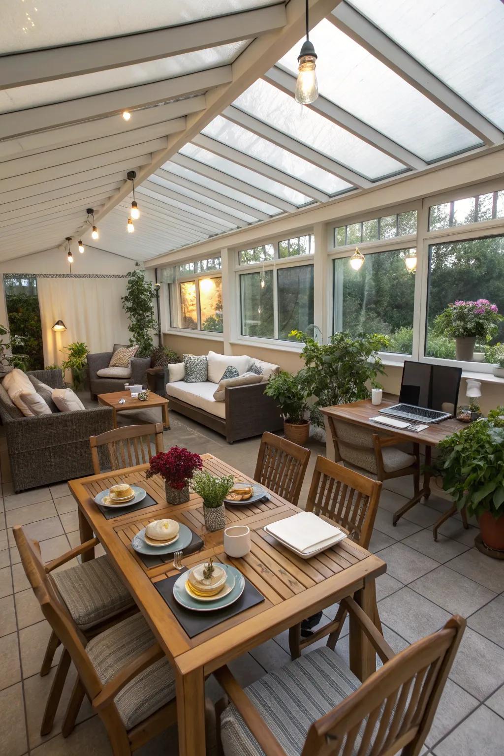 An adaptable patio zone conceived to accommodate a multitude of activities and social gatherings.