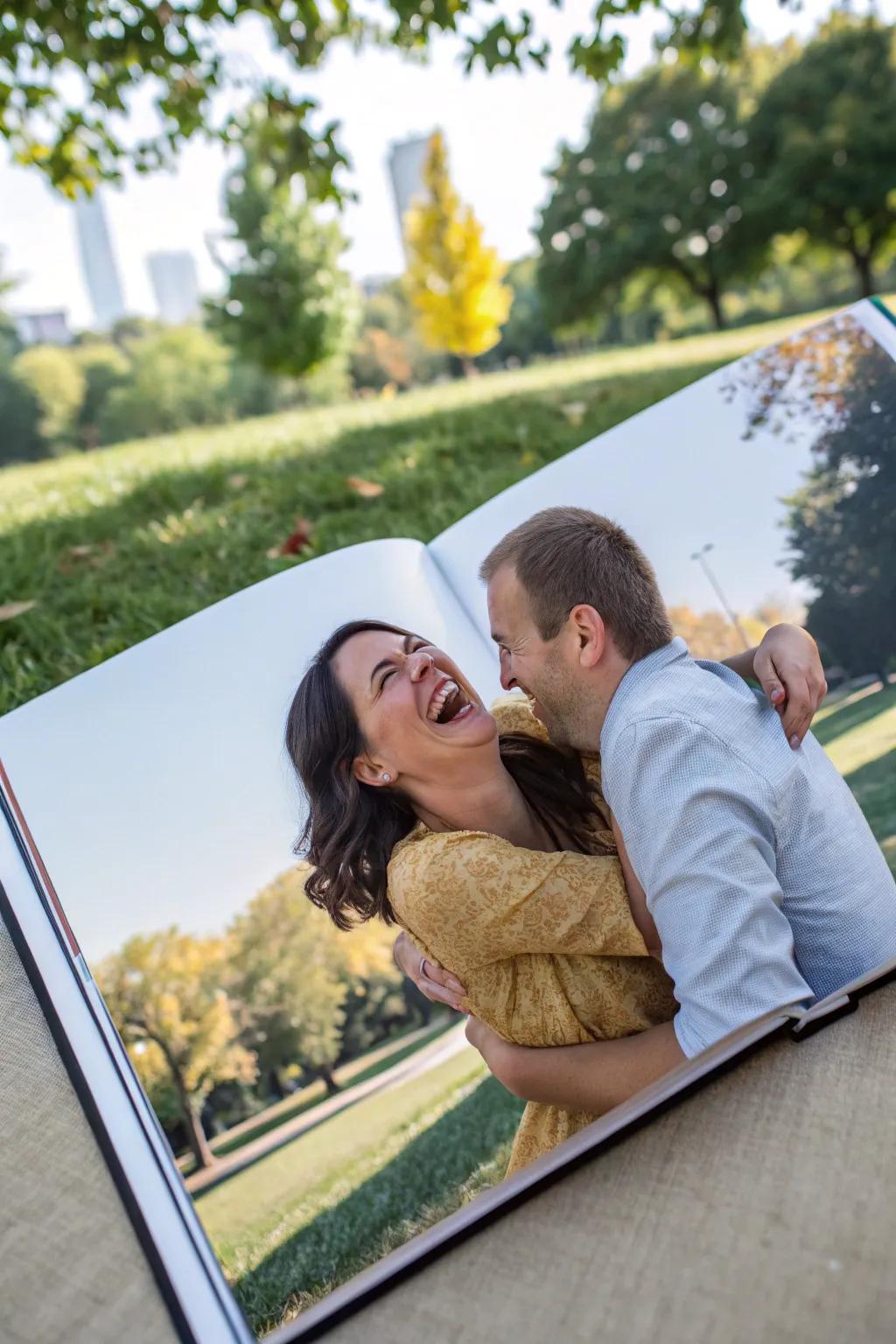 A playful posture captured in an engagement photo book.