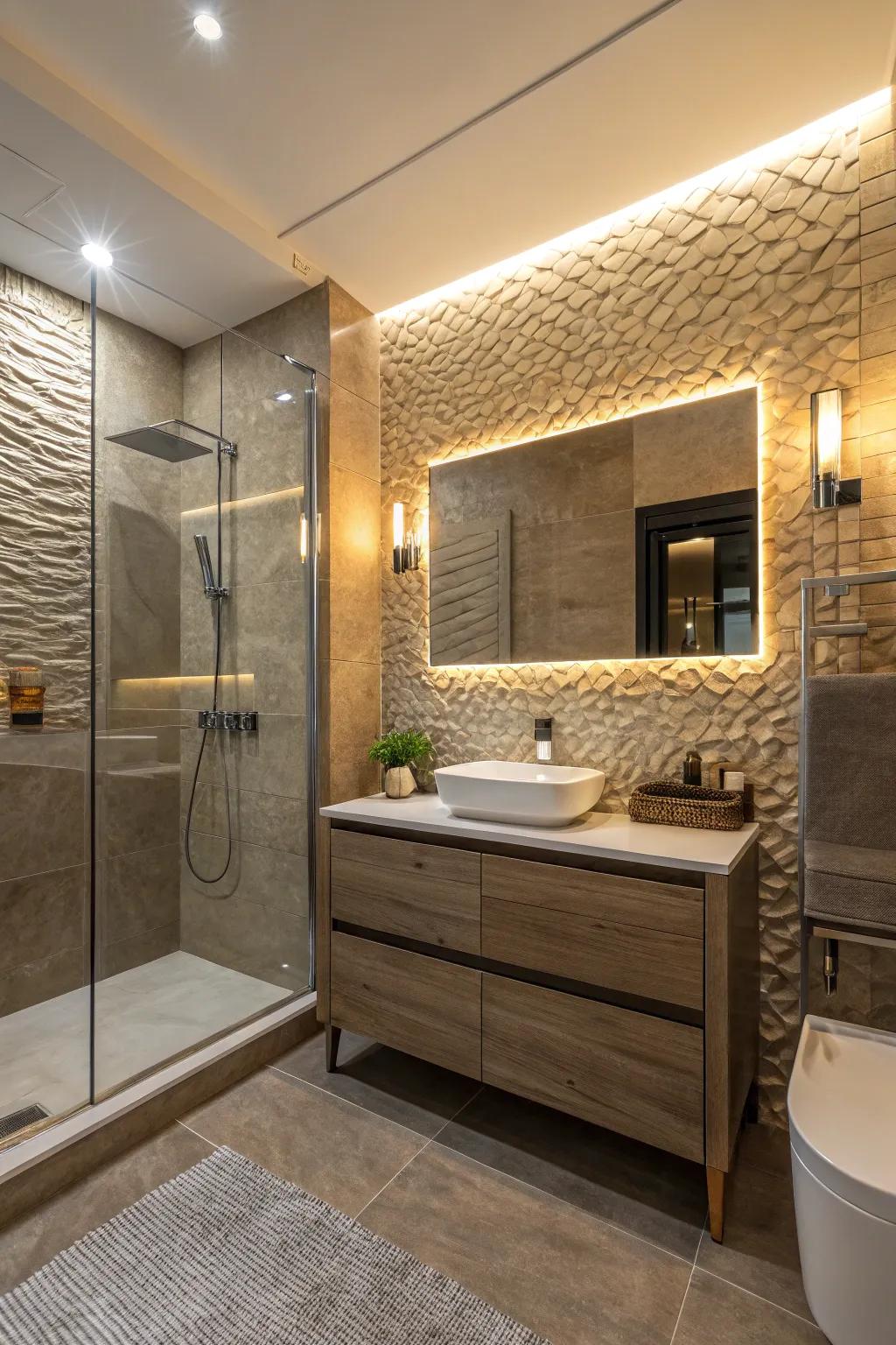 Textured tiles bring a special and interesting touch to the private bathroom.