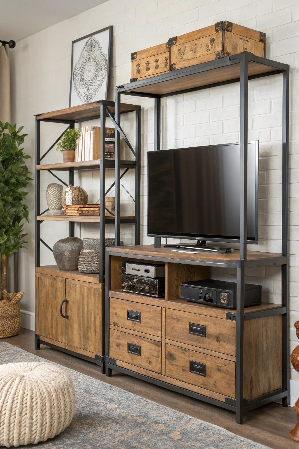 The diverse textures used here create depth in the decor of this entertainment center.