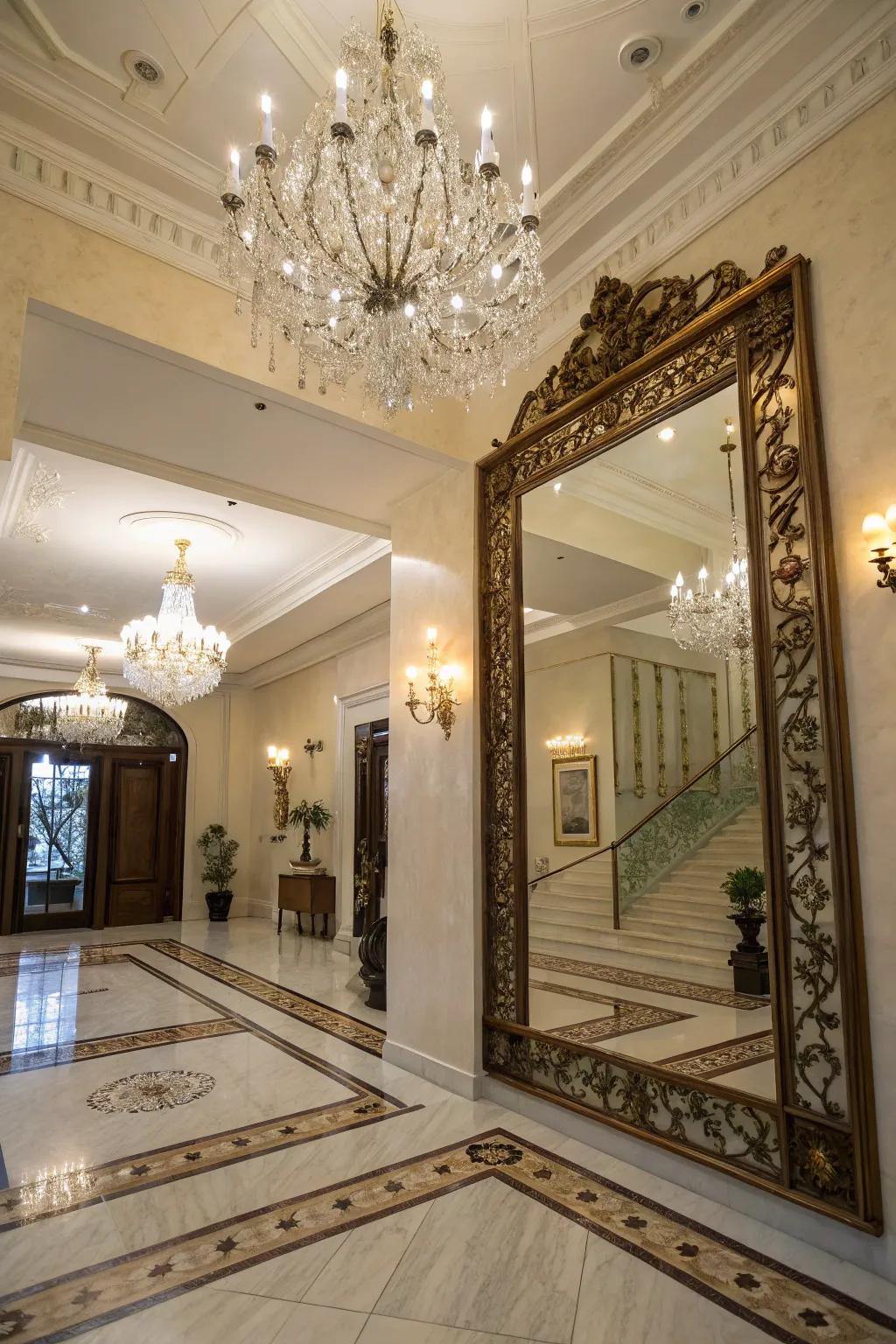 A mirror enhances the light in this chic entrance.