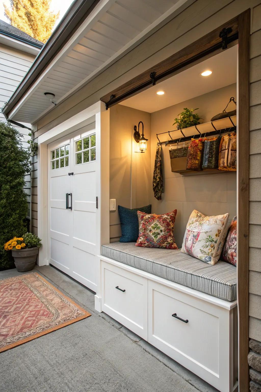 A bench with storage combines comfort and organization.