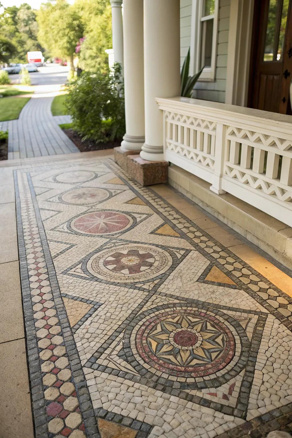 An artistic stone mosaic introducing distinctive style to the porch floor.