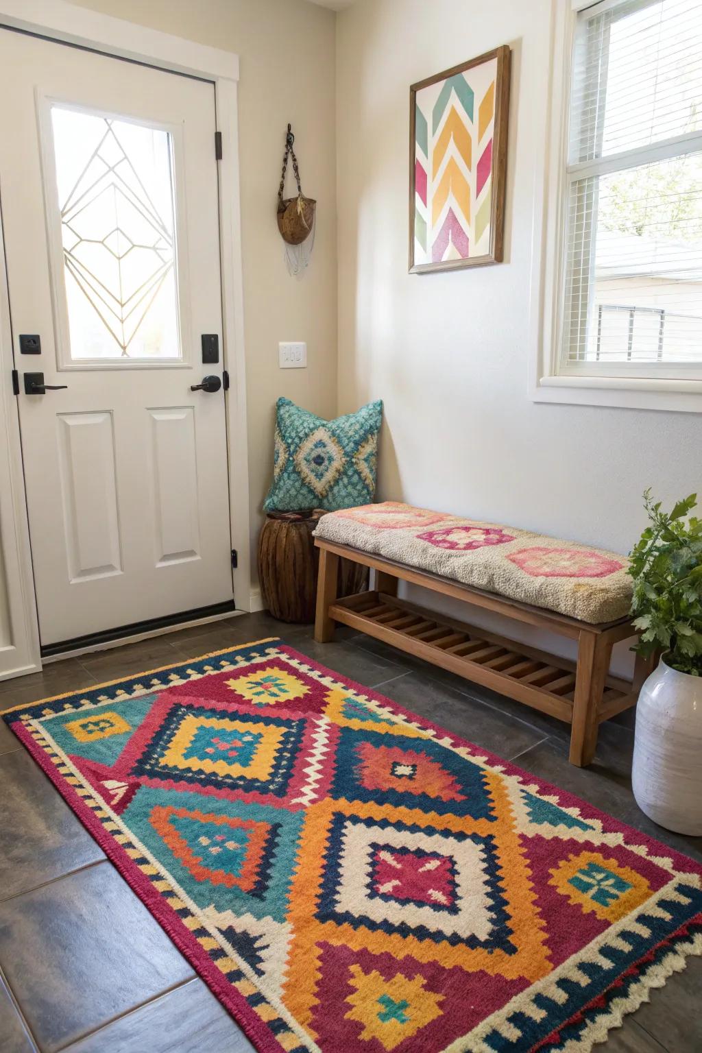 A rug enriches the foyer with comfort and color.