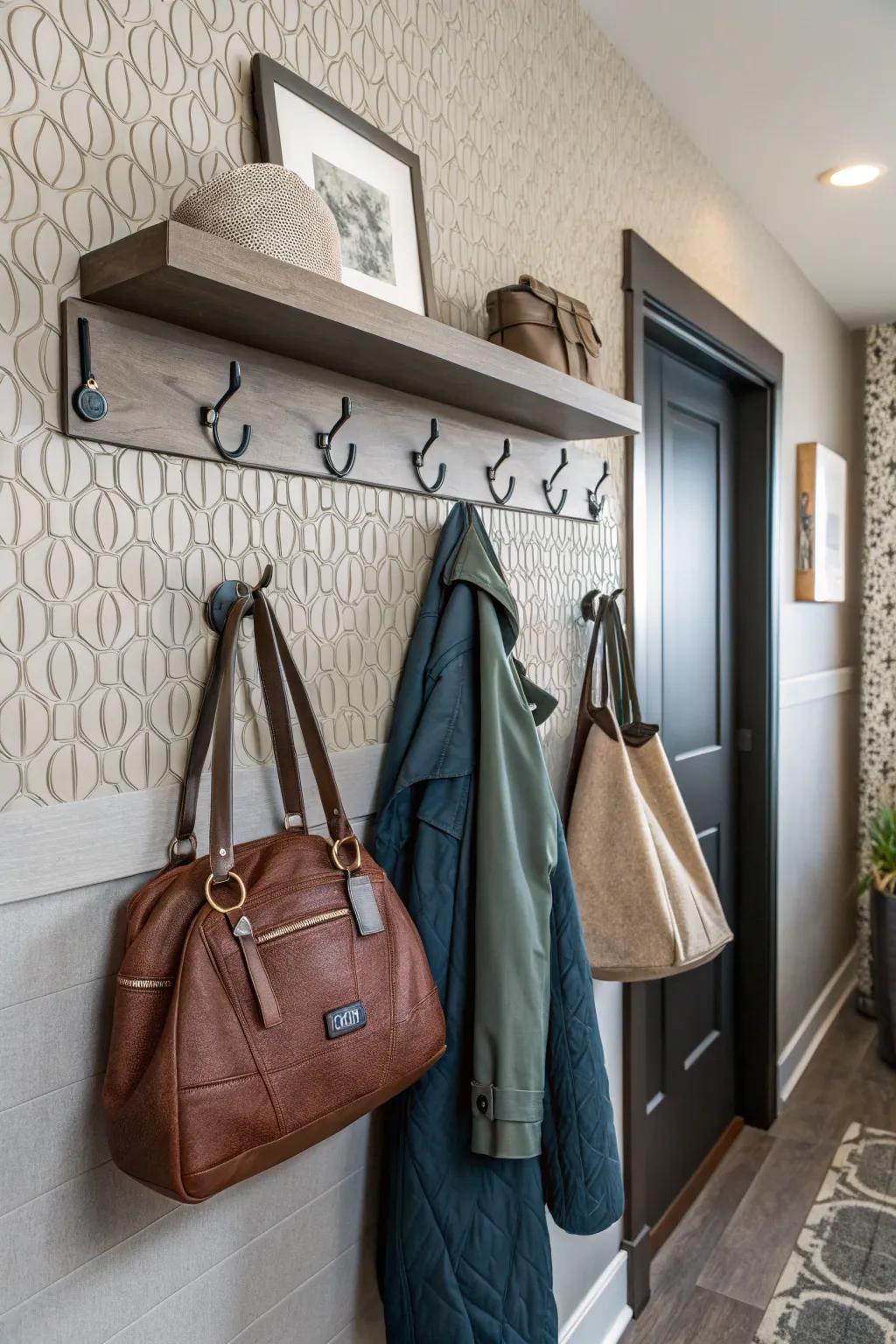 Hooks offer functional and stylish storage options.