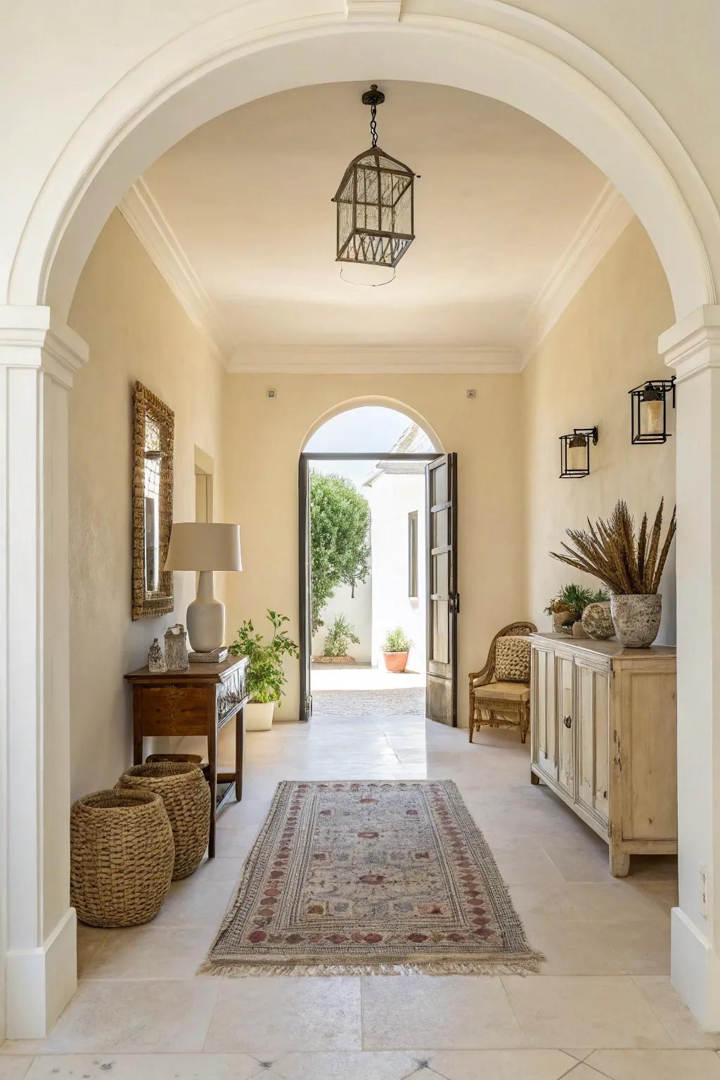 An entryway with light cream walls, crafting an illuminated and airy impression.