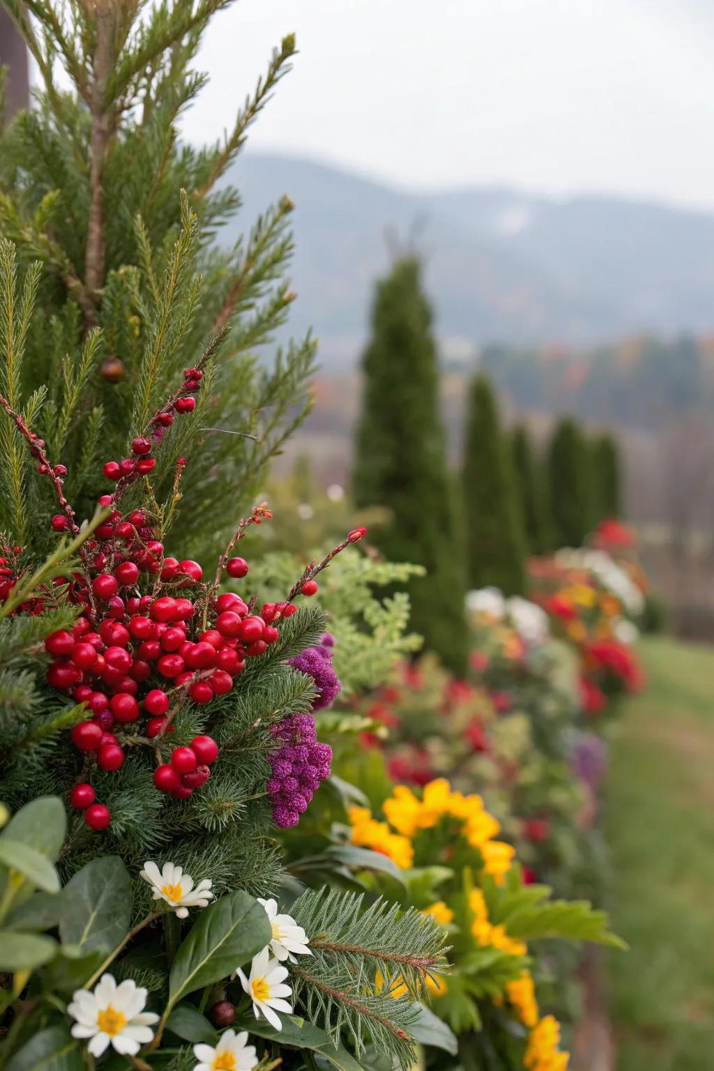 A garden presenting evergreens with berries and seasonal flowers.