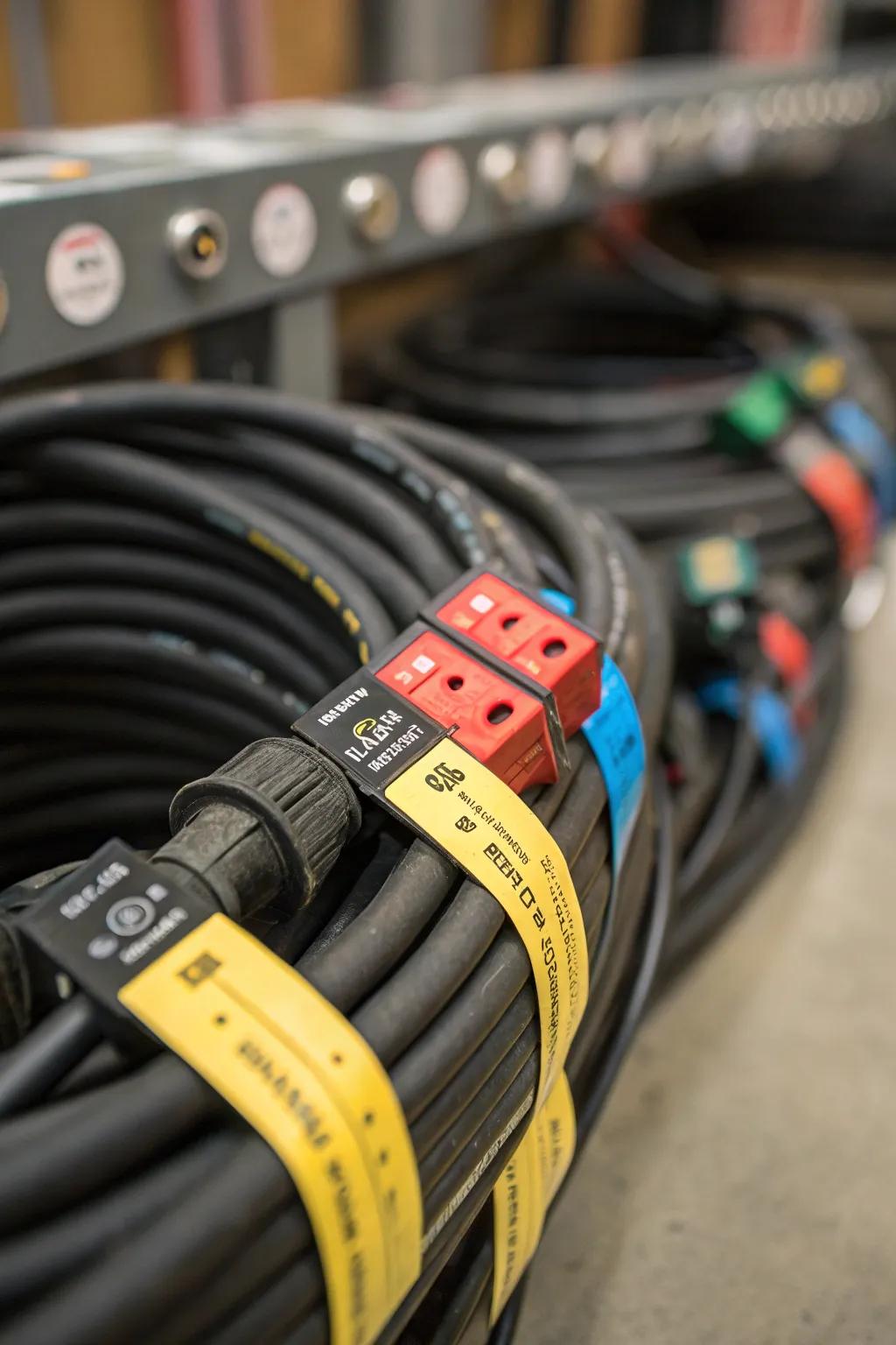 Color-coded tags simplify finding the right cord quickly.