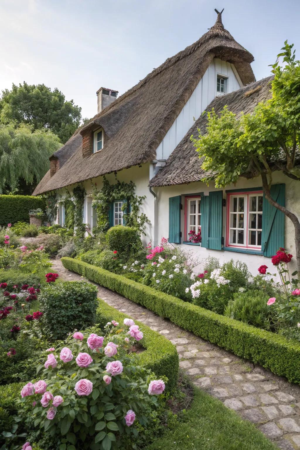 A charming cottage-style home with quaint details and a lush garden.
