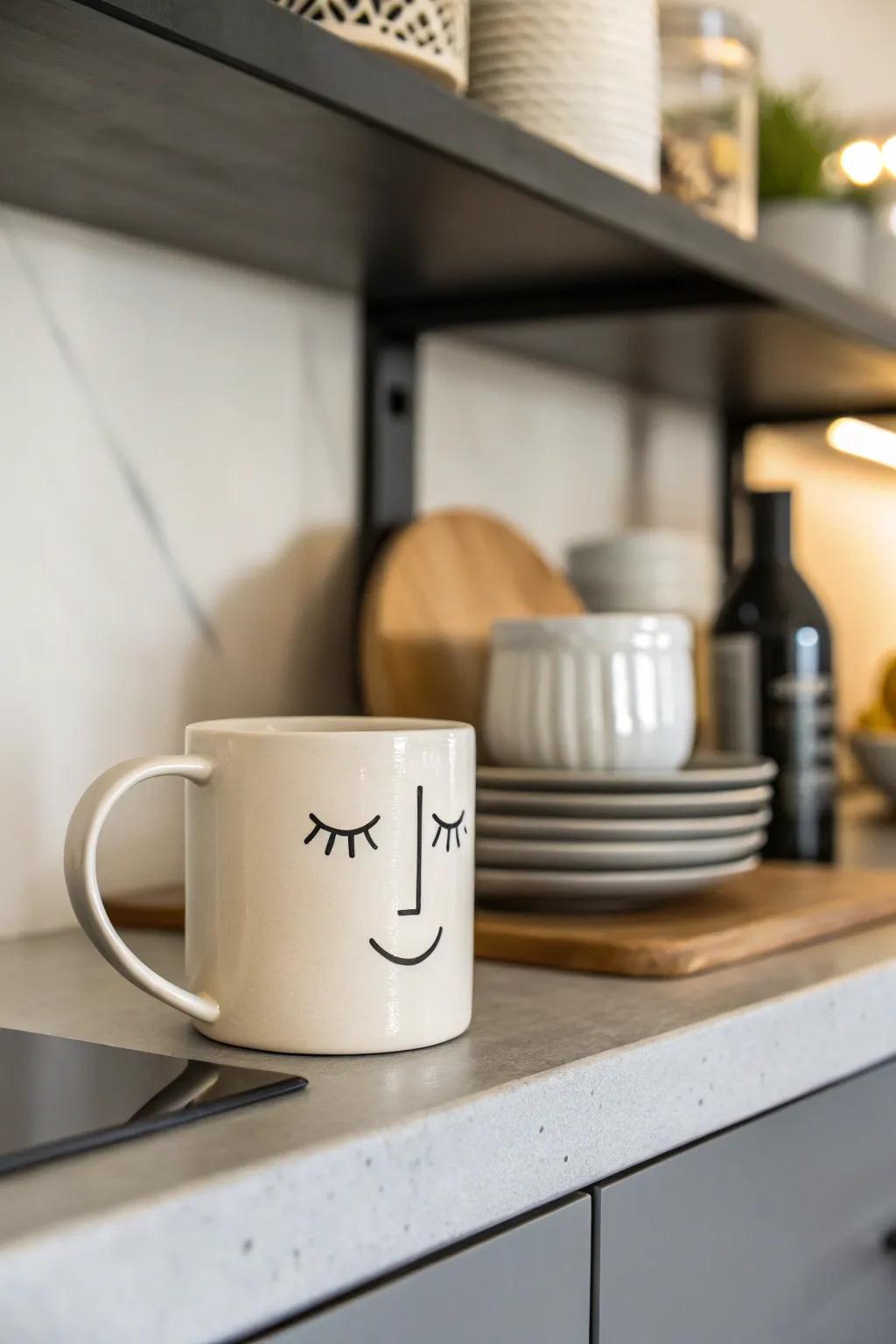 A minimalist face mug presenting elegance with a touch of charm.