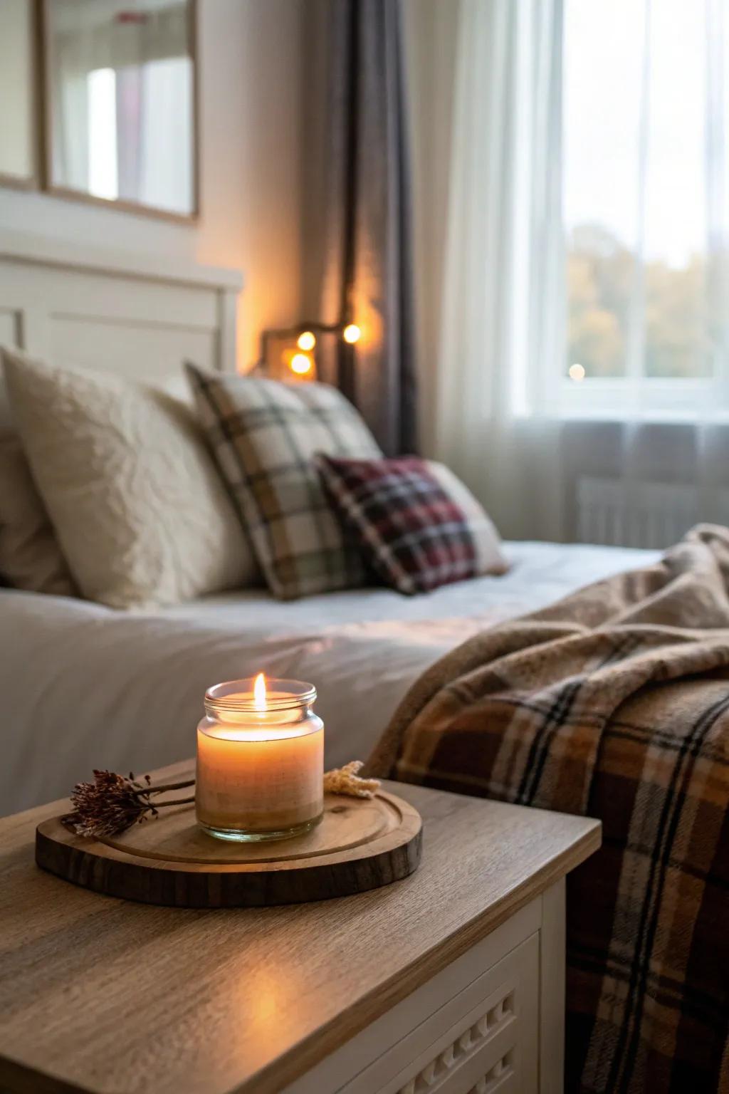 Scented wax lights impart a welcoming aroma to your autumnal bedroom.