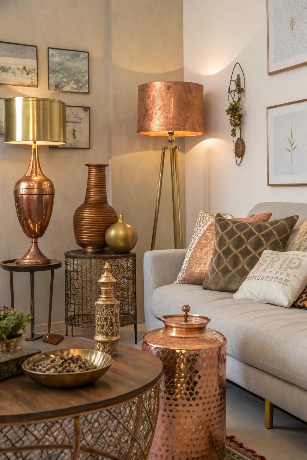 Metallic accents introduce a sophisticated sparkle to your autumn family room.