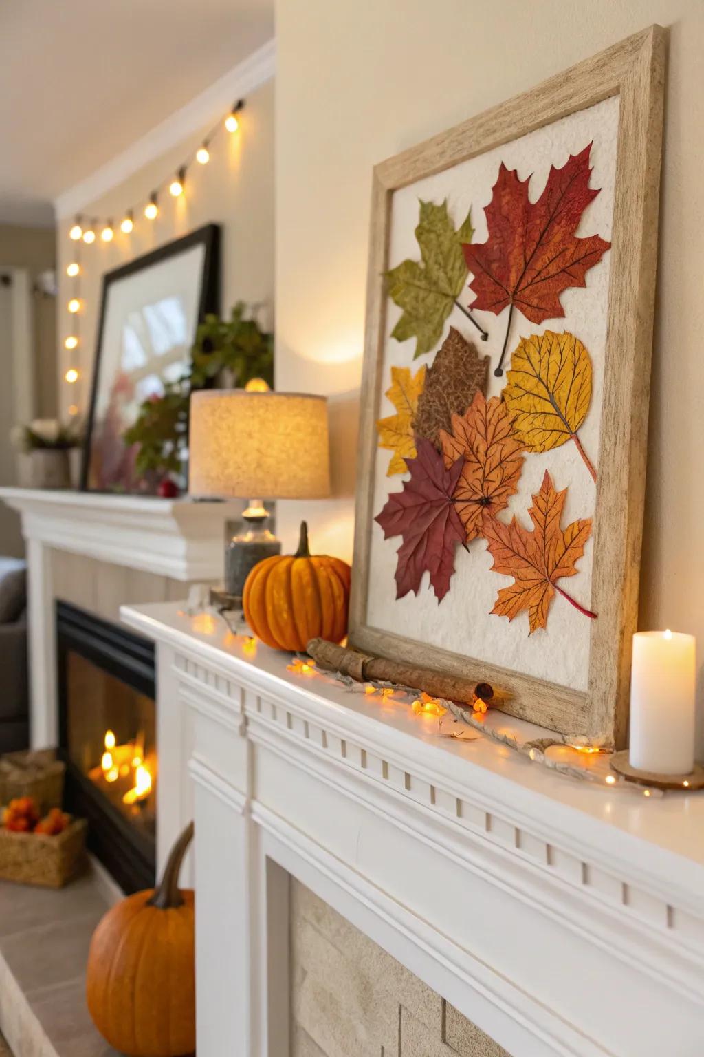 A fall mantel featuring a stunning seasonal artistic creation.