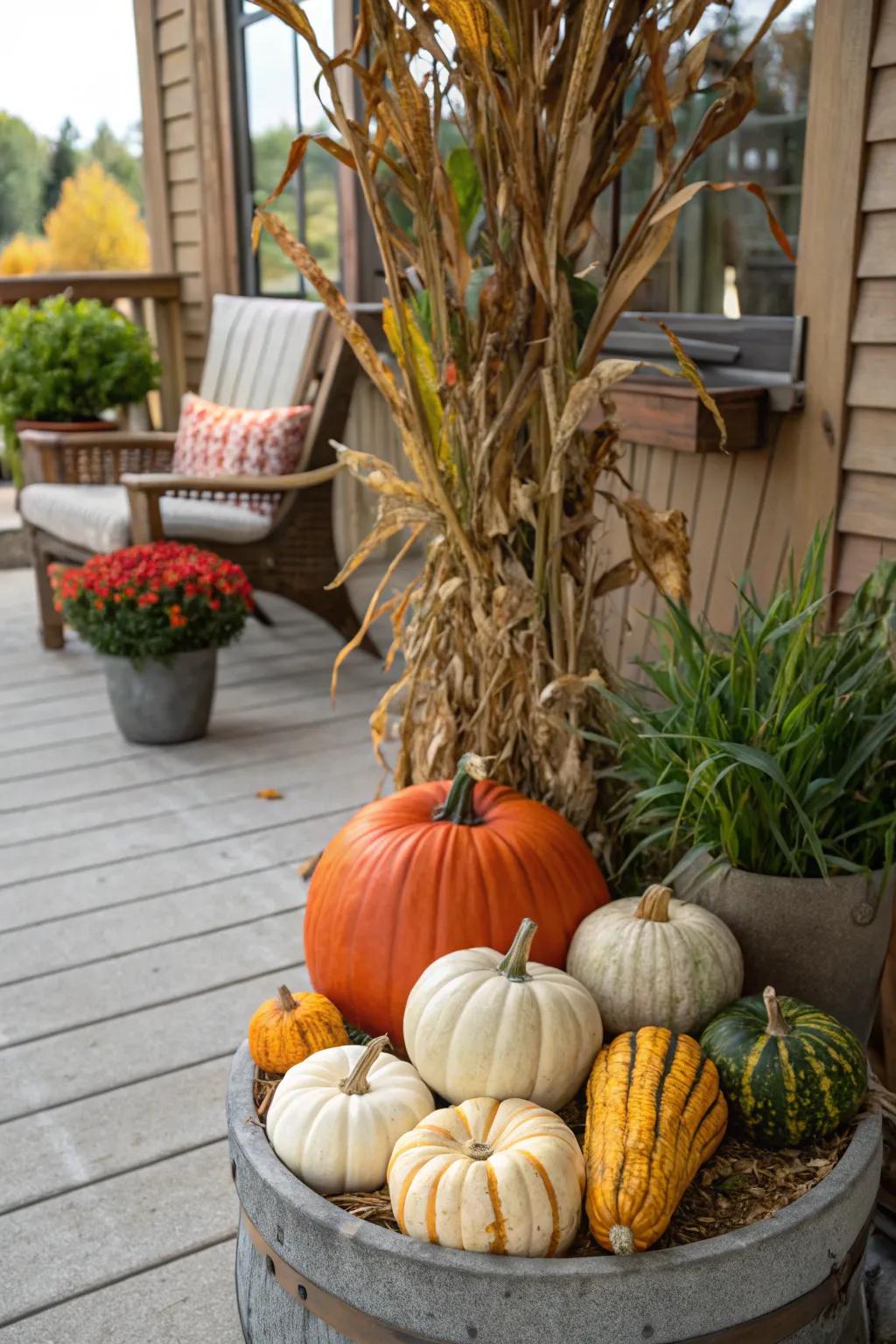 Corn stalks with gourds produce a miniature festival appeal.
