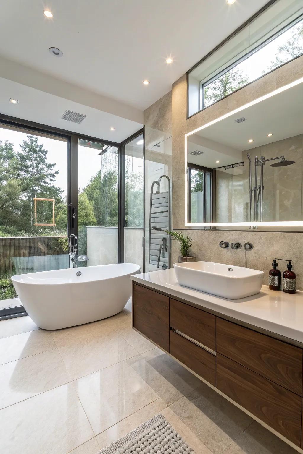 Modern fixtures introduce a contemporary twist to the bathroom.