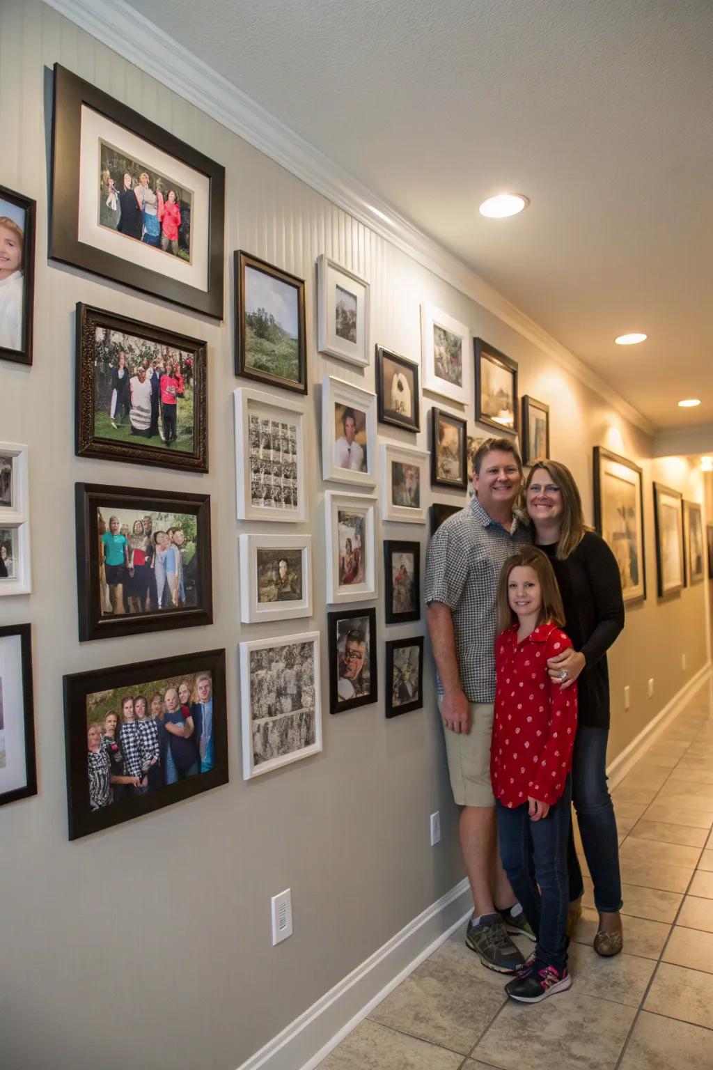 Family photo wall featuring a central centerpiece.