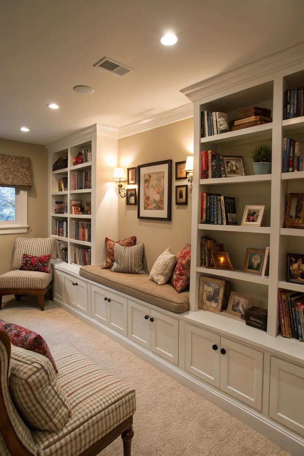 A family room featuring a delightful personal library corner.