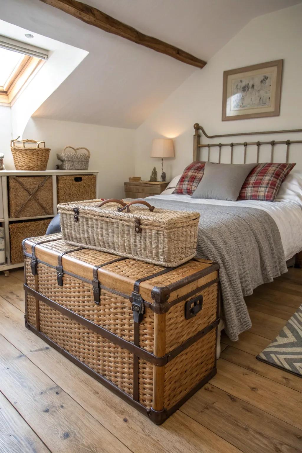 Wickerwork and chests contribute functional charm to the bedroom.