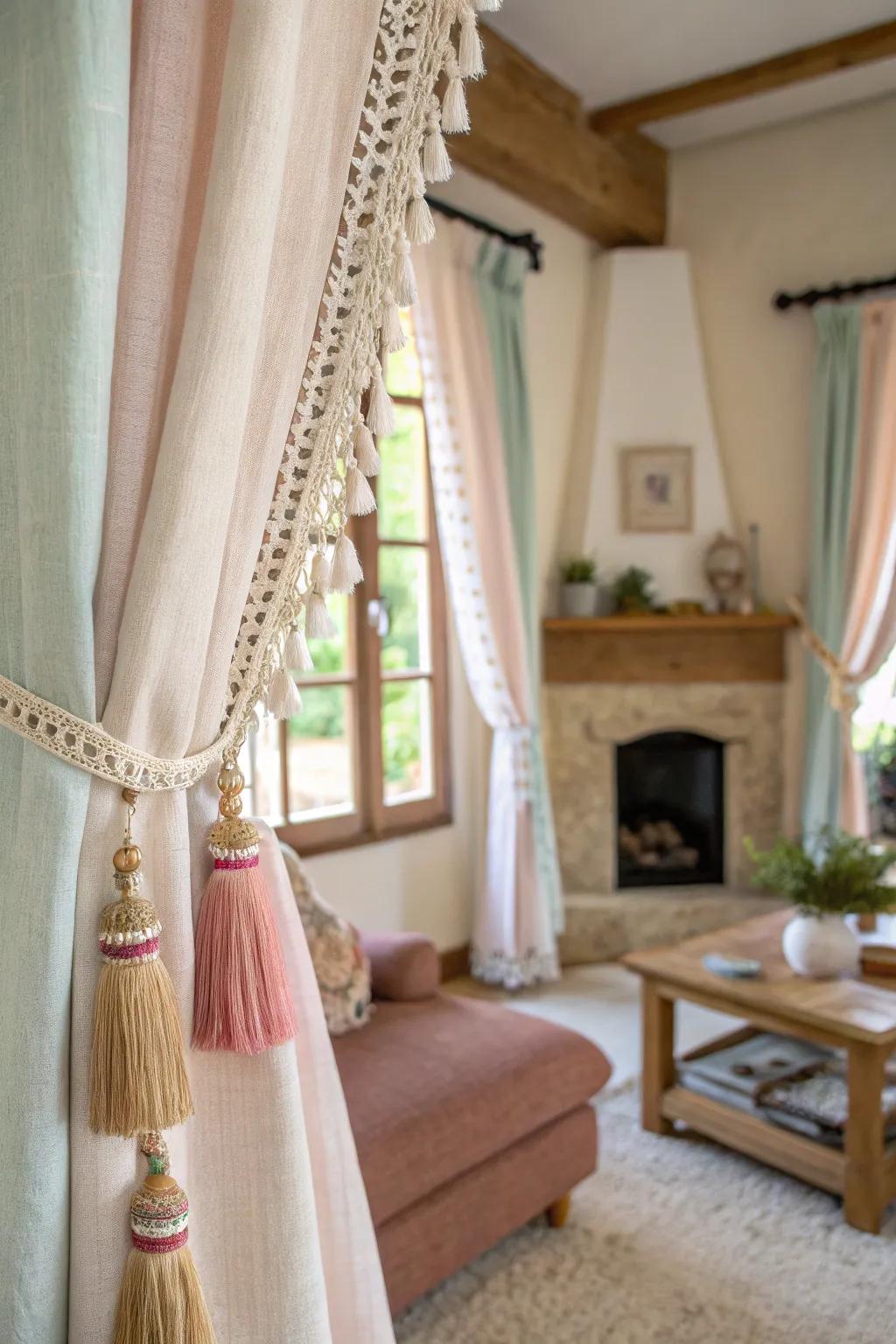 Farmhouse curtains with decorative tassels in a quaint living room.