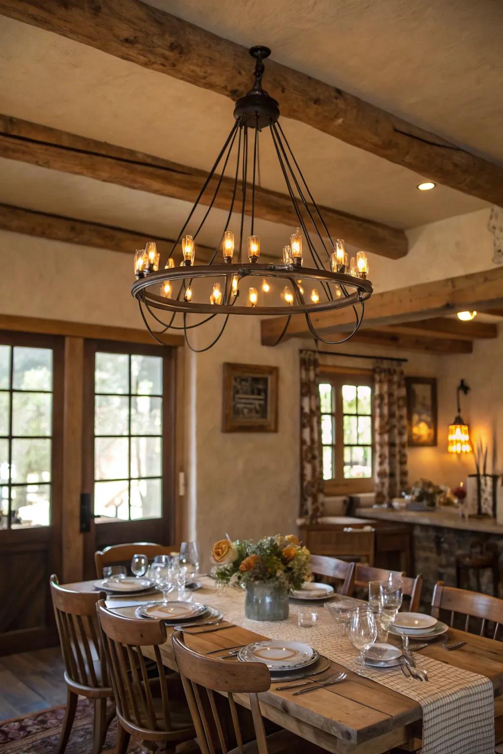 An illumination with filament bulbs casts a warm radiance over this farmhouse dining space.