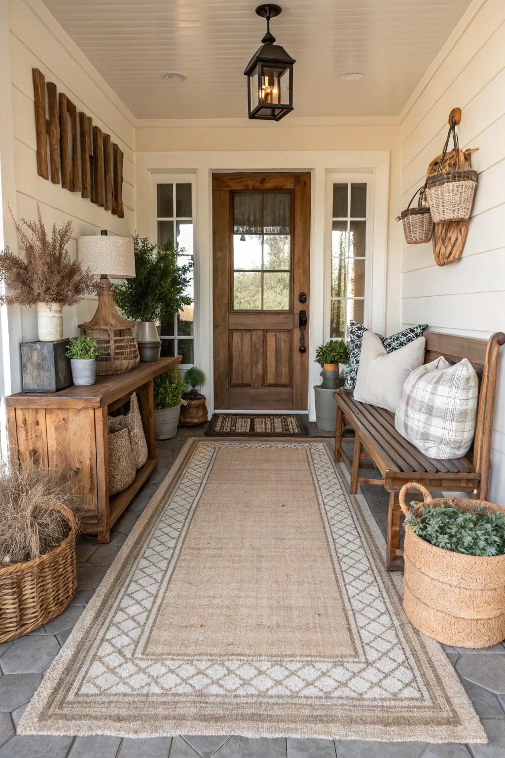 An inviting entryway brought to life by a farmhouse style rug.