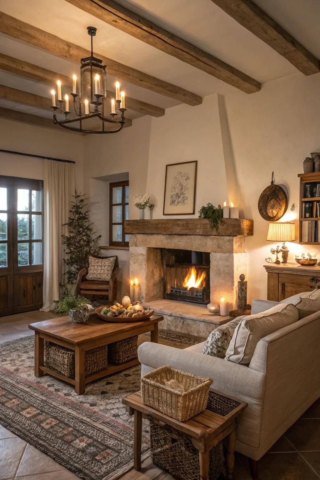 Comforting lighting magnifies the coziness of a farmhouse fireplace.
