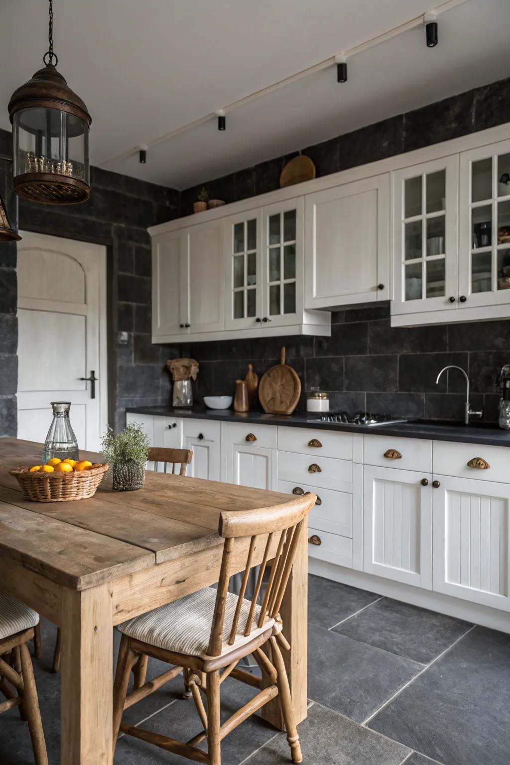 A dark rock covering adds depth and sophistication to this farmhouse kitchen.