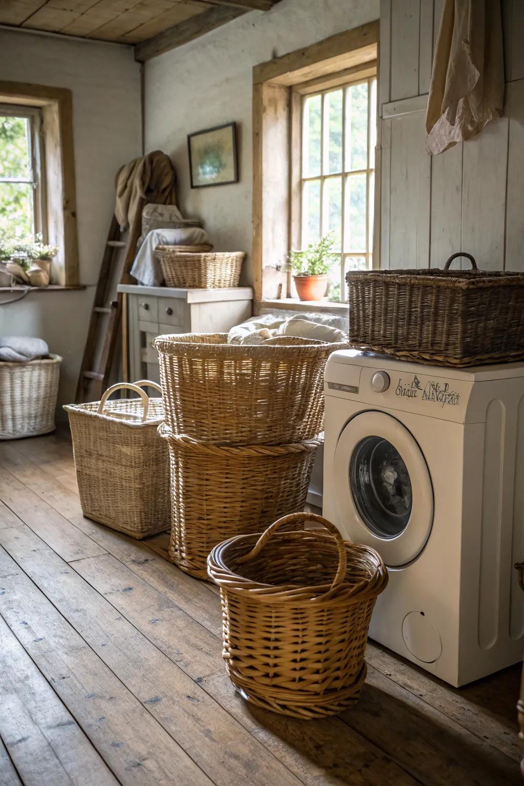 Decorative containers offer both practicality and beauty in this farmhouse laundry space.