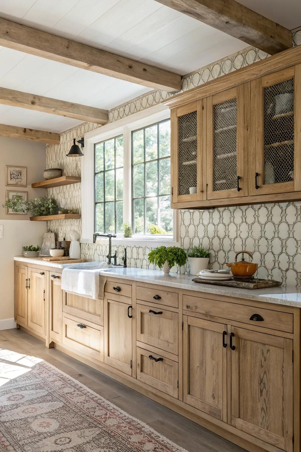 Distinctive backsplashes enhance the aesthetic passion of a cooking area with pale timber fittings.
