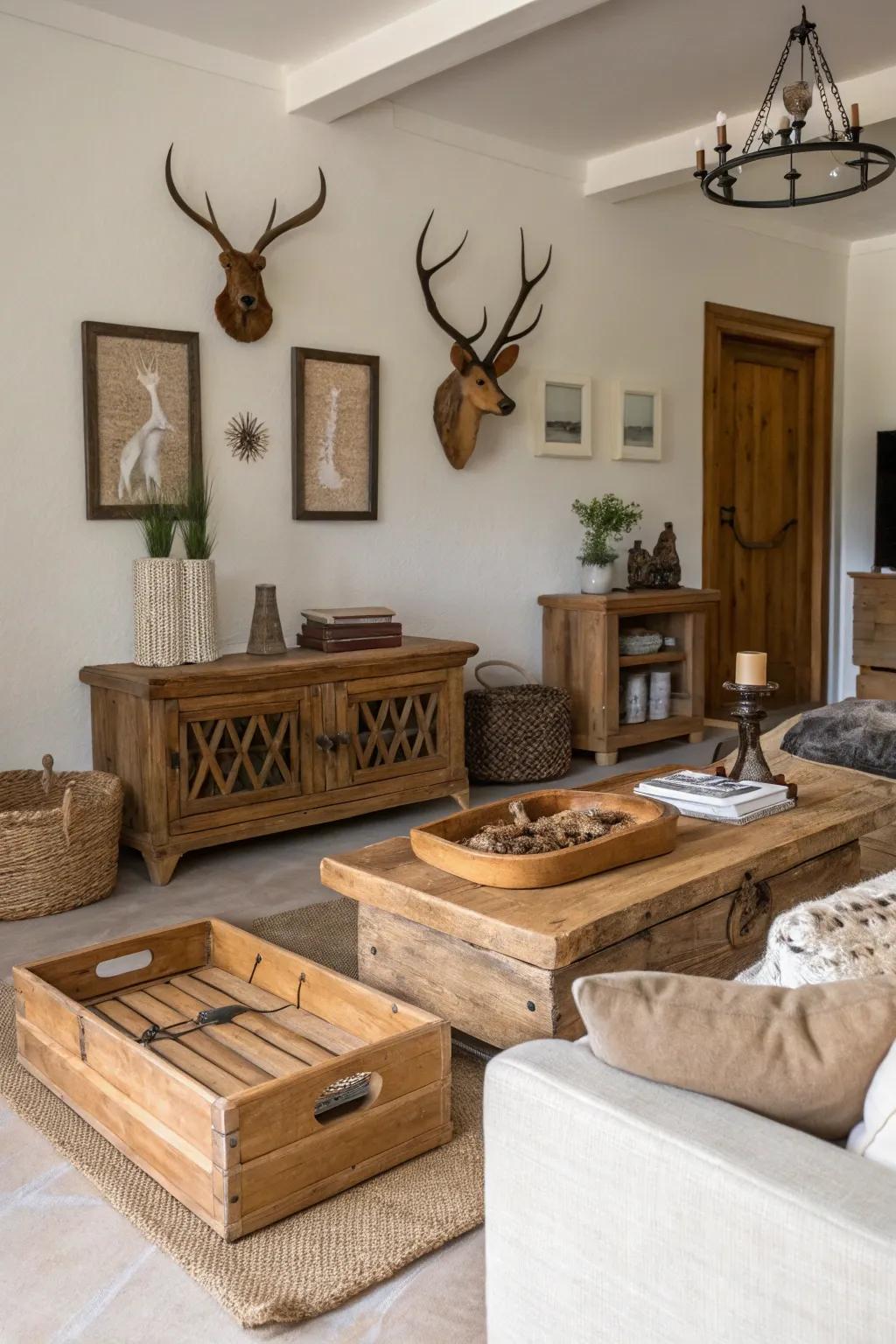 Rustic decorations can serve as unique decorative focal points.