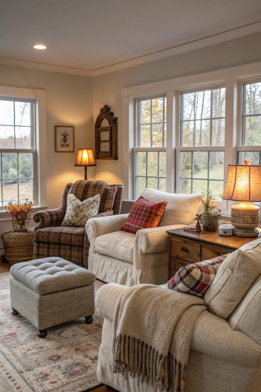 Comfortable seating beckons relaxation in this farmhouse living area.