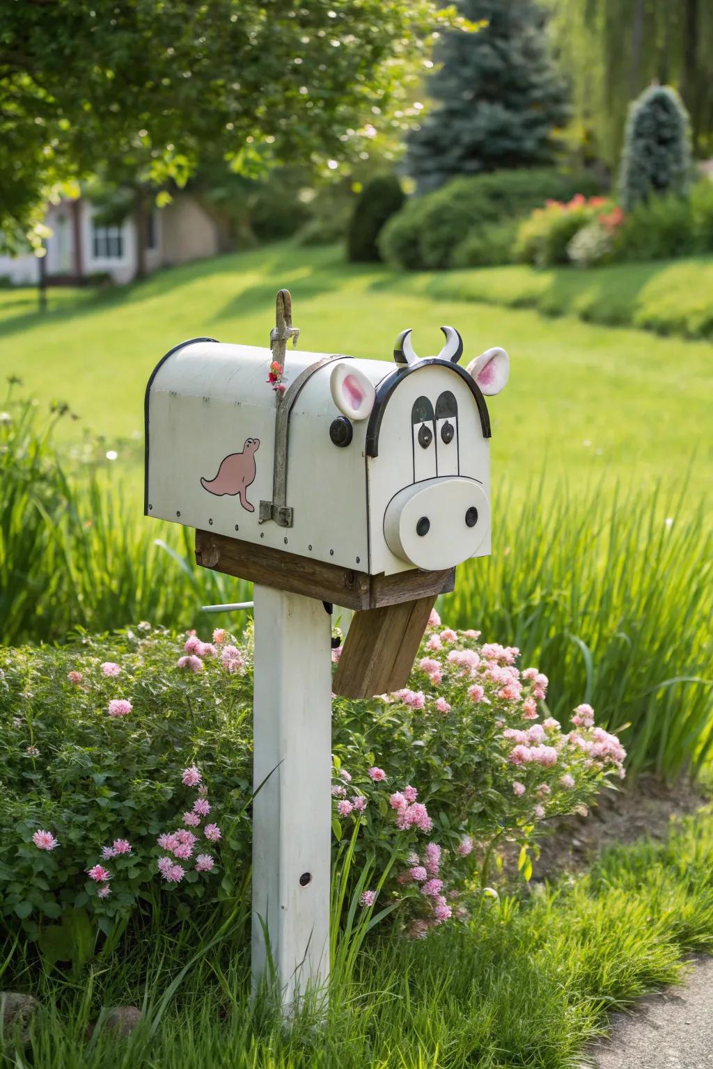 A playful creature-shaped mailbox adds a whimsical touch to the farmhouse setting.