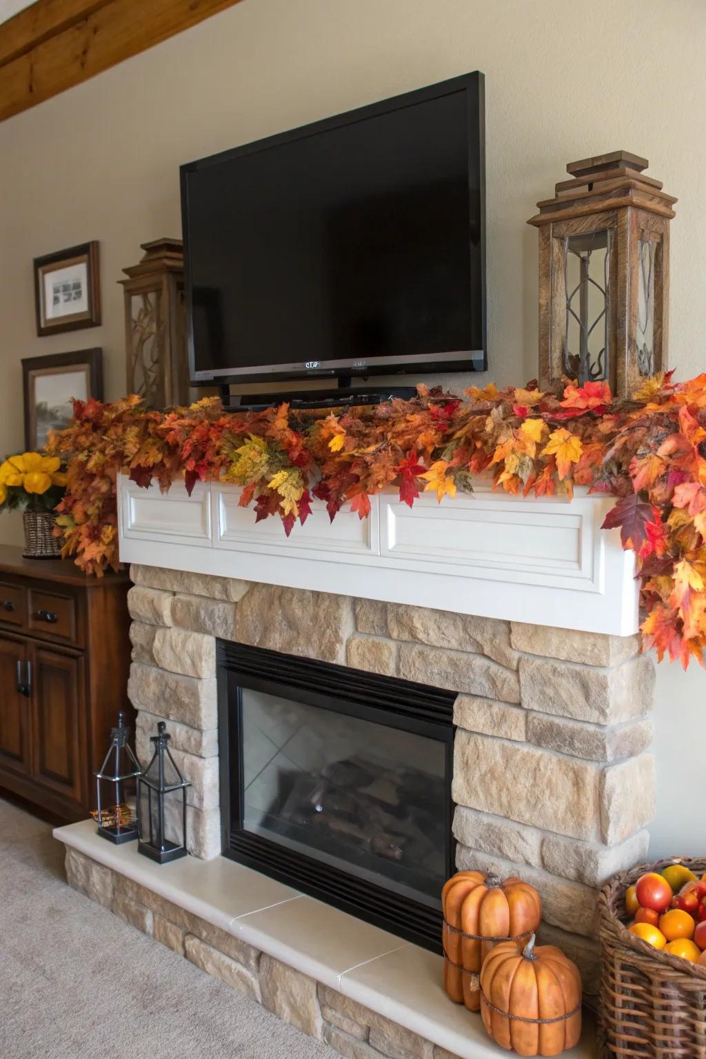 A farmhouse mantel beneath a TV, featuring themed ornaments for a celebratory touch.