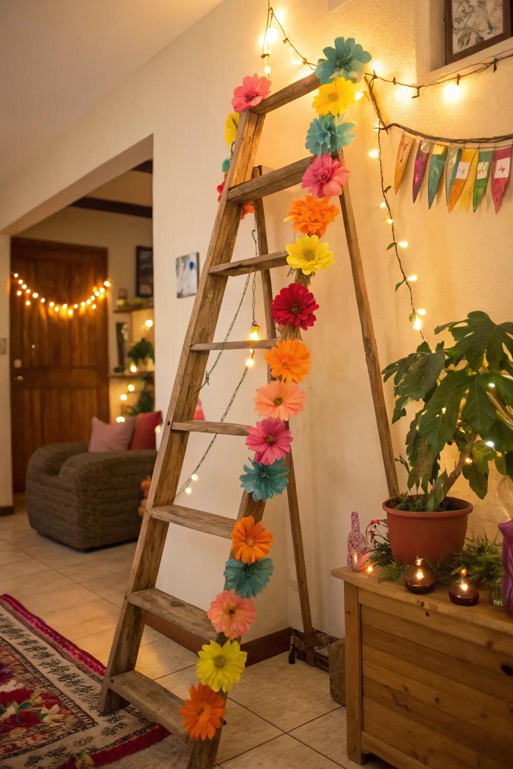 Festive decorations featuring a rustic wooden ladder