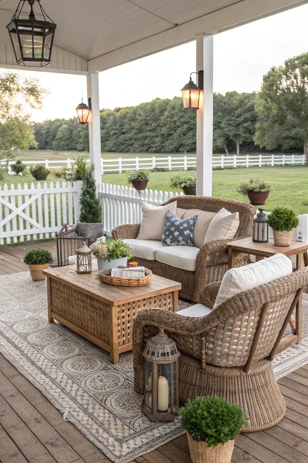 Wicker furniture enriches the farmhouse patio decor with texture.