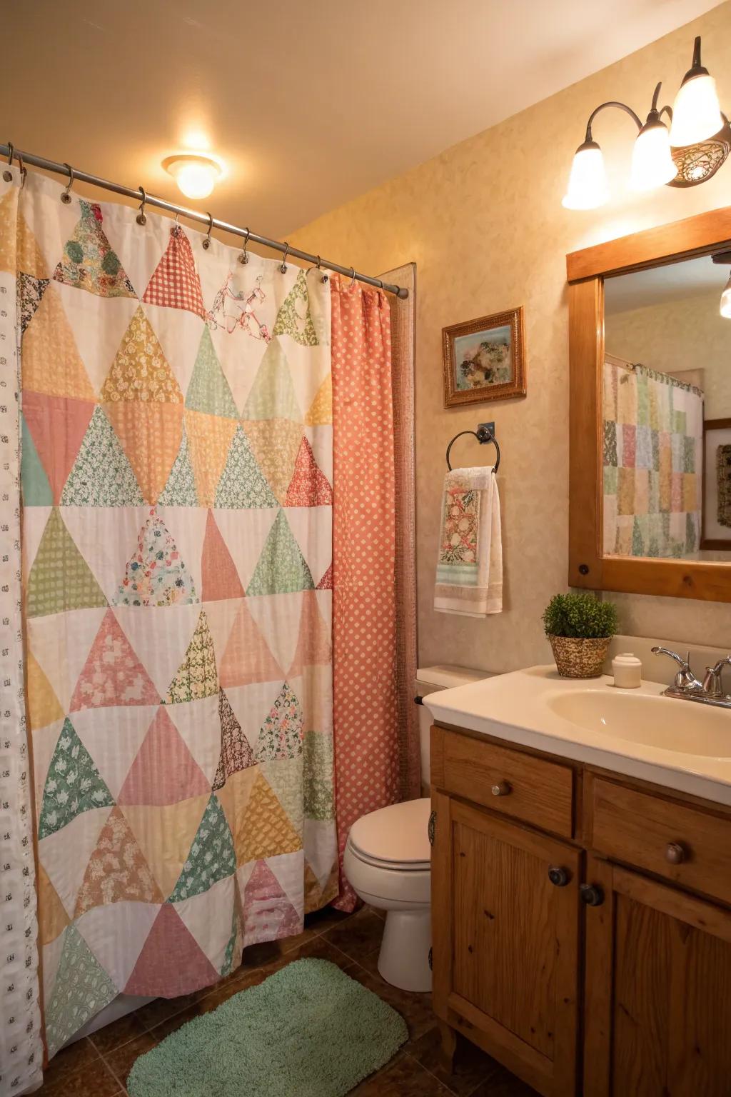 A snug bathroom with a quilted patterned shower curtain radiating warmth.