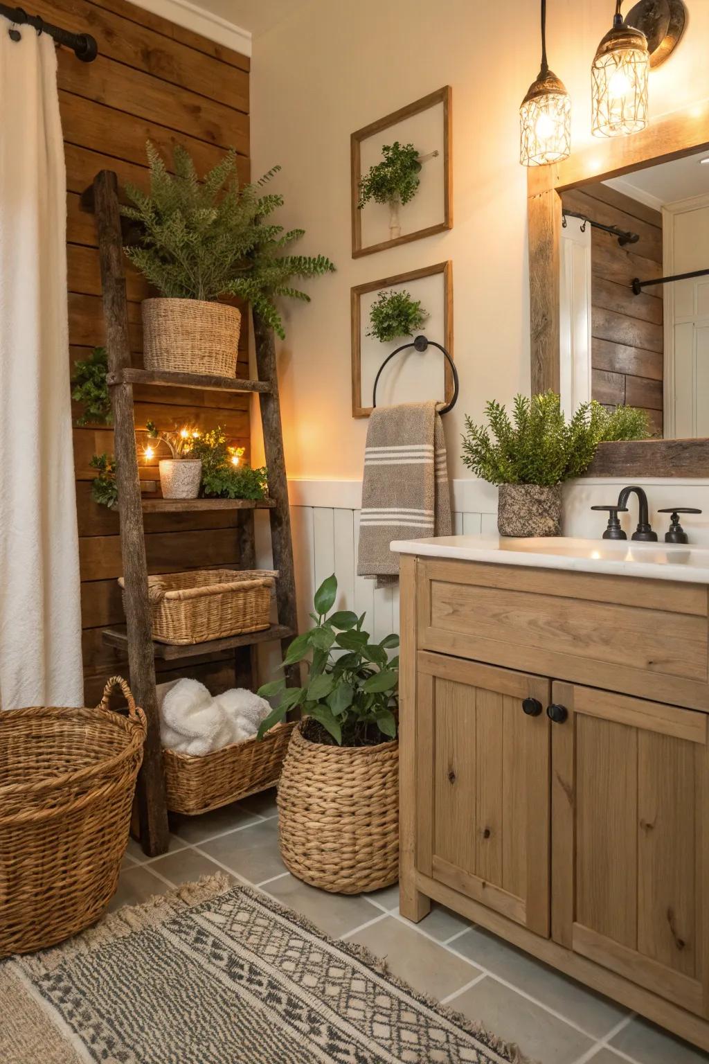 Farmhouse accents bring warmth and personality to this bathroom.