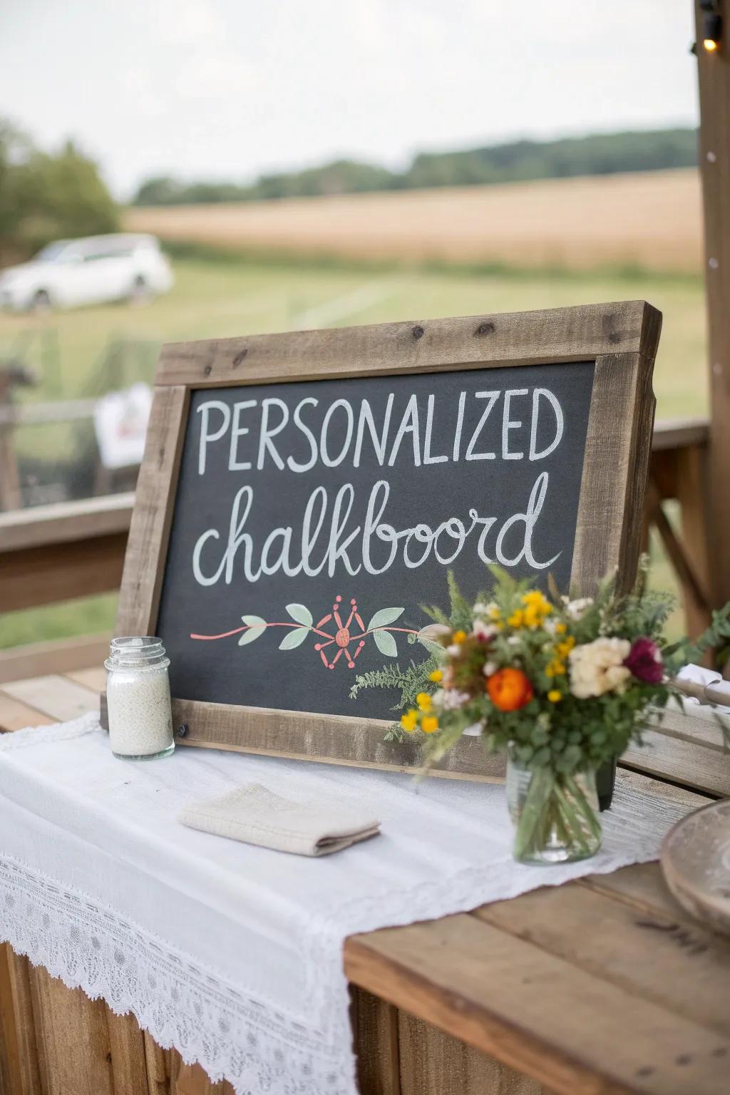 A custom blackboard display adds a delightful, welcoming touch to your table.