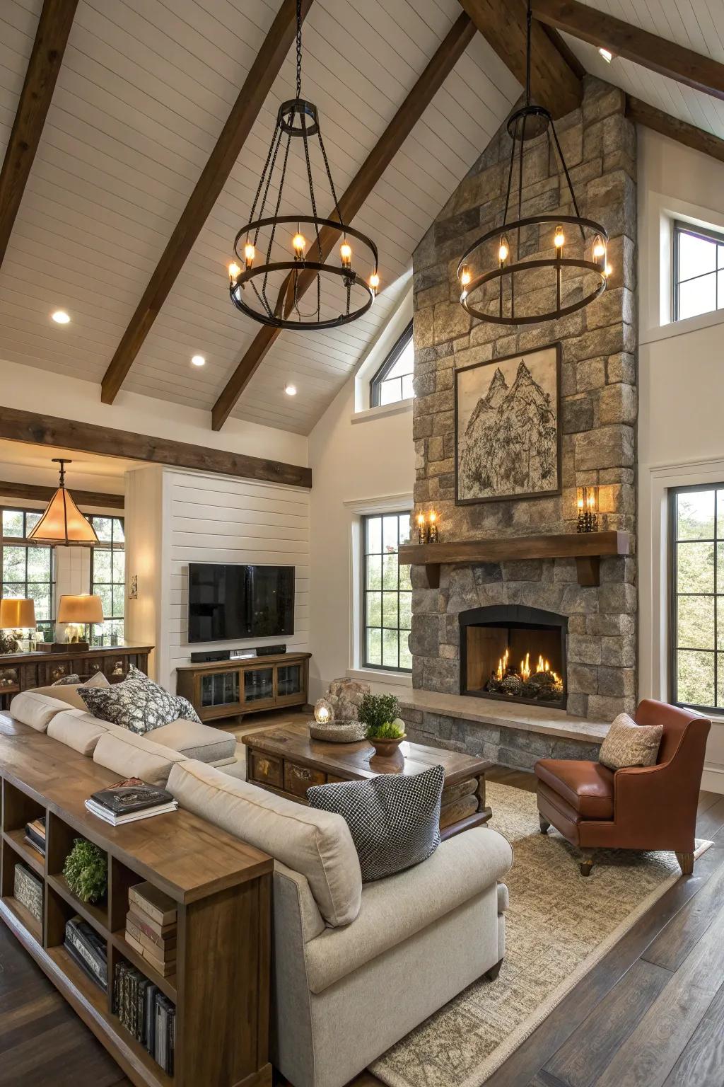 Industrial lighting components within a modern country farmhouse living space.