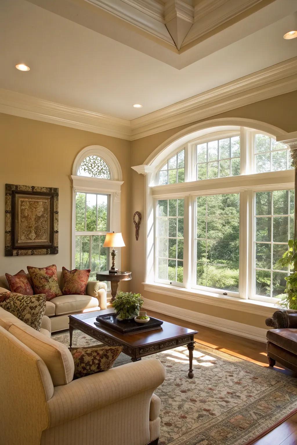 Striking window outlines using simulated crown accents.